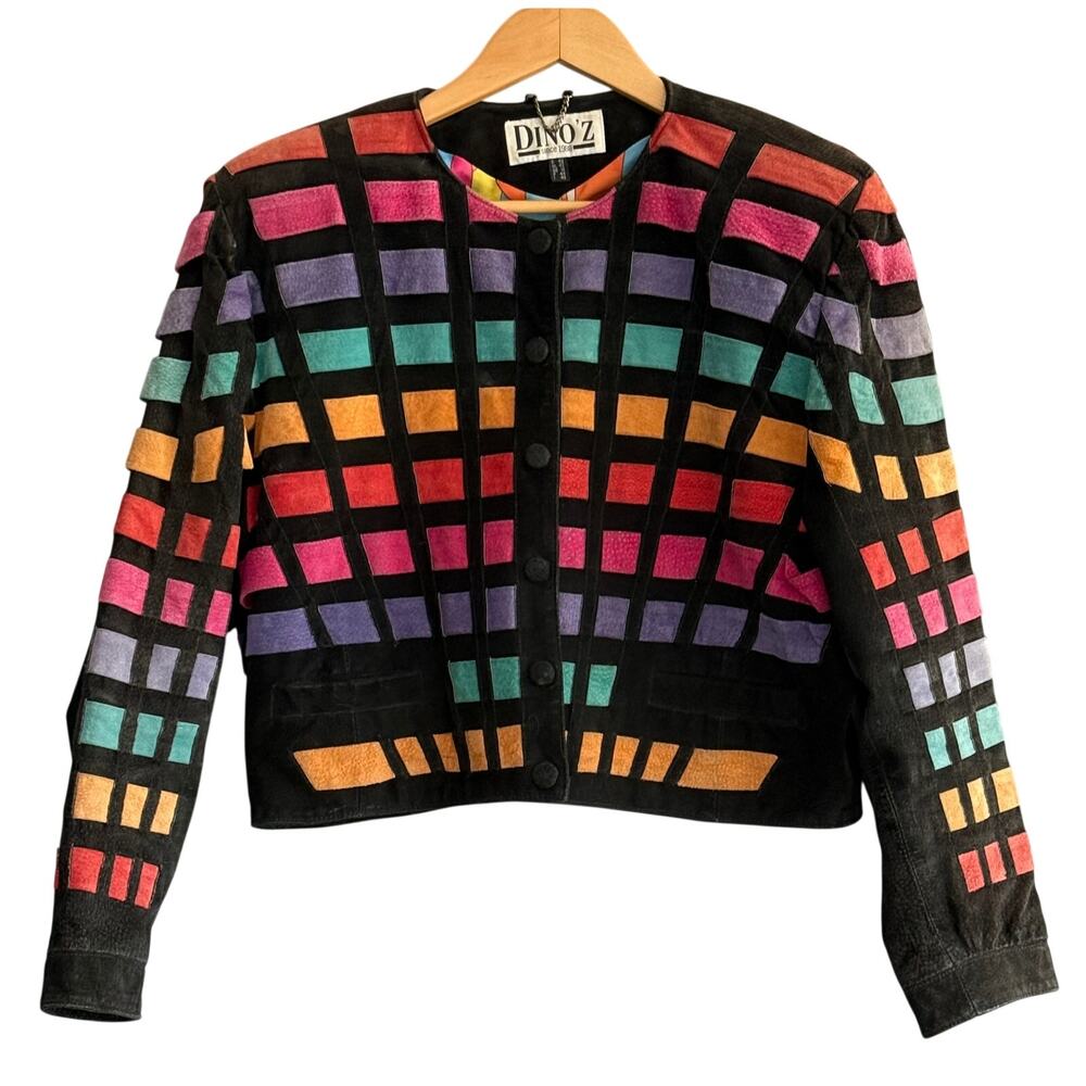 VINTAGE Dino'z Wearable Art Suede Leather Jacket Geometric Abstract 80s READ